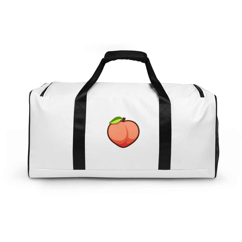 White duffel bag with black straps featuring a peach emoji on a white background