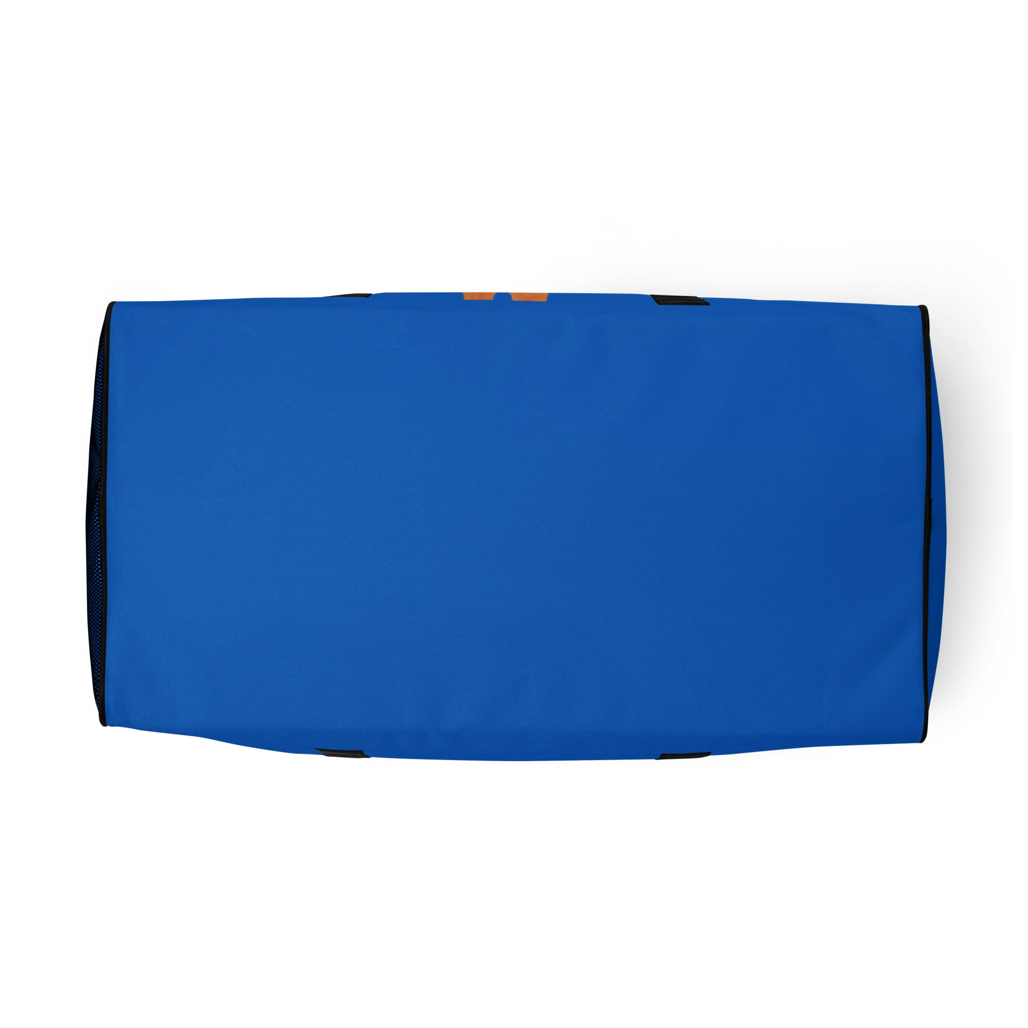 Blue towel with black edges on a white background