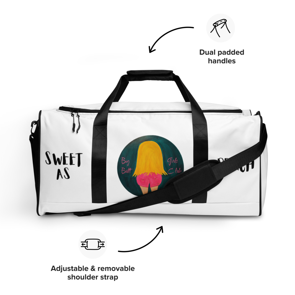 White duffel bag with black straps and a graphic design on a white background