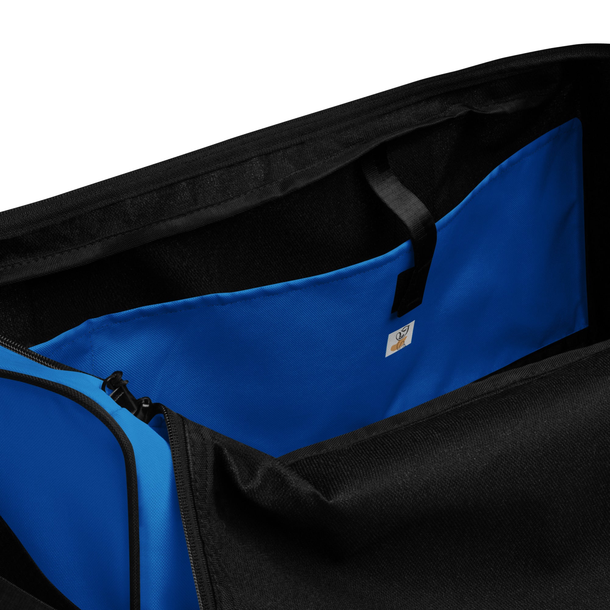 Close-up of a black bag with blue interior and visible brand logo.