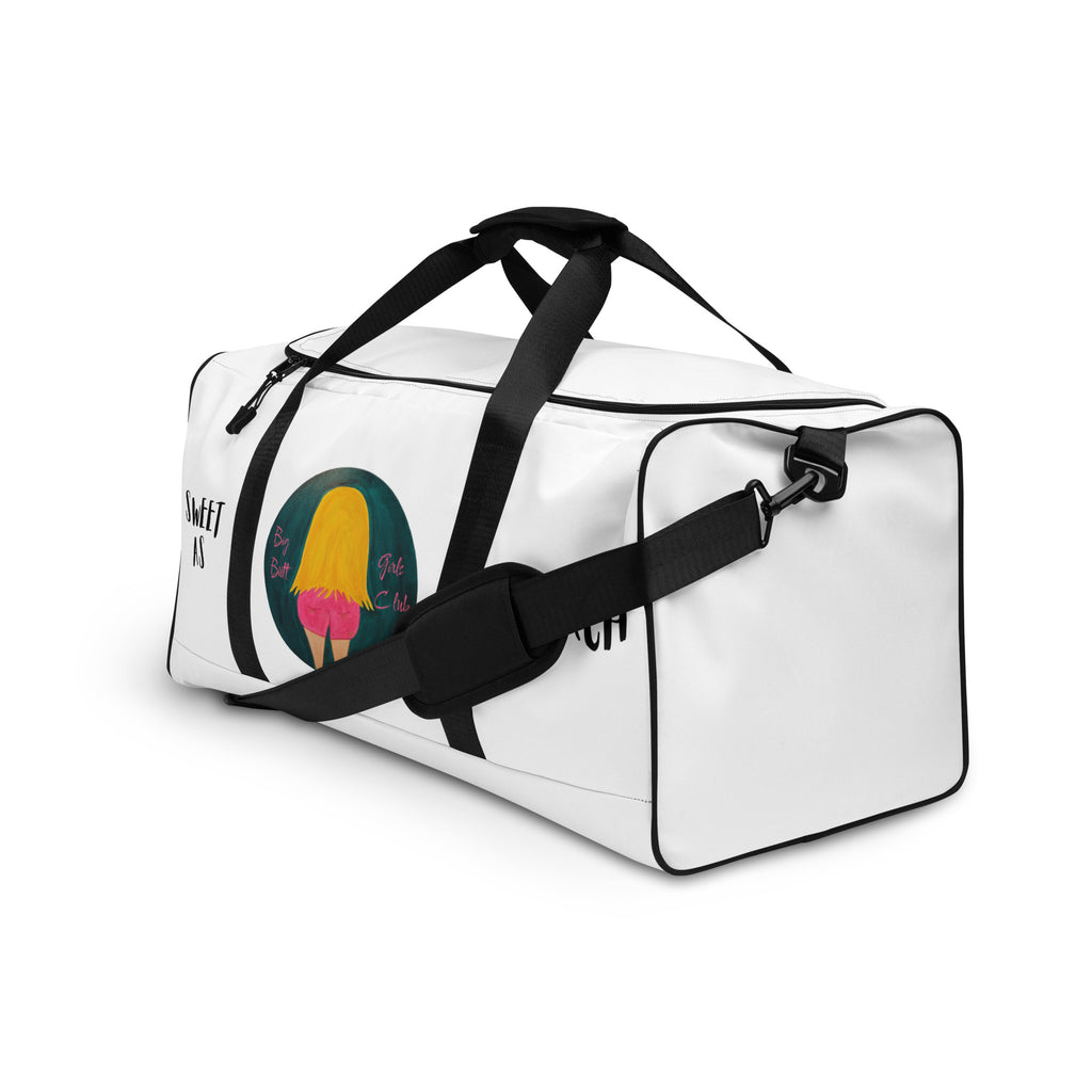 White duffel bag with black straps featuring a colorful graphic on a white background