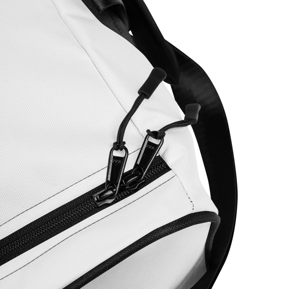 Close-up of a white backpack with black zippers and straps on a white background