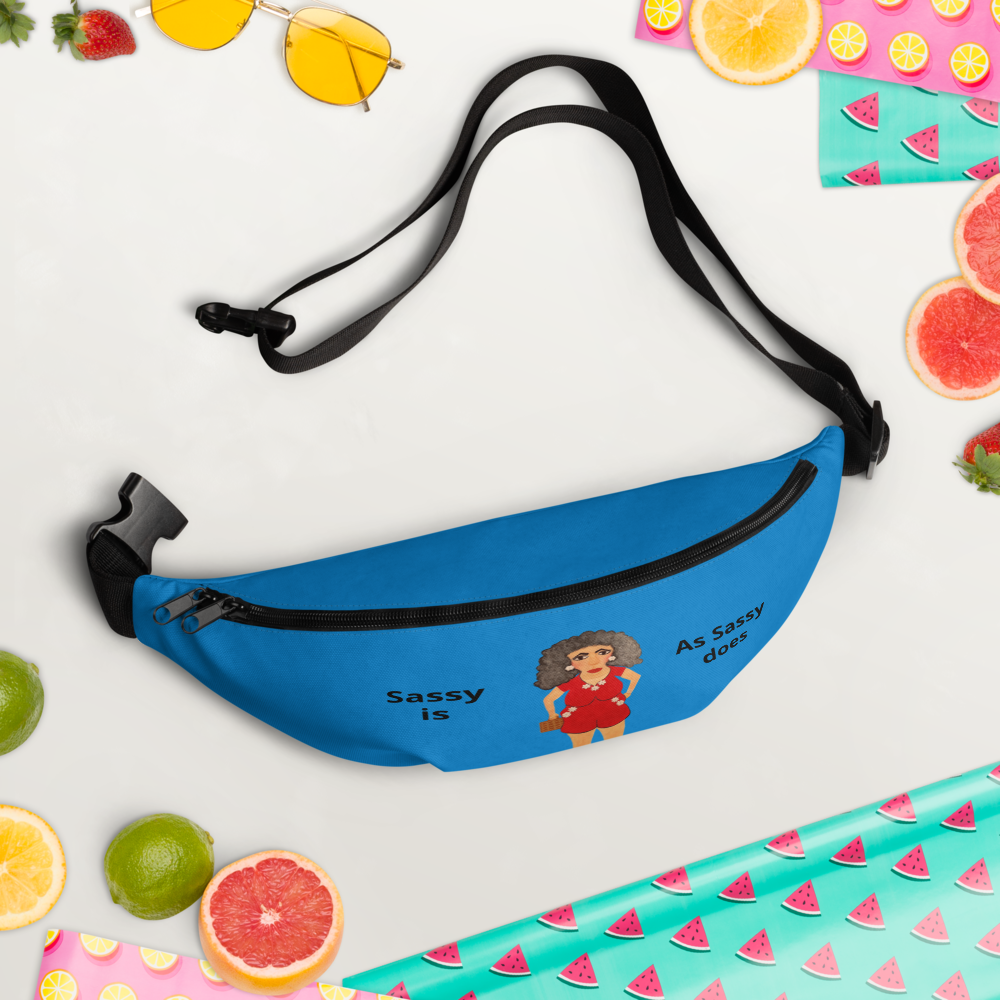 Blue fanny pack with cartoon character and text on a colorful background with fruits and snacks.