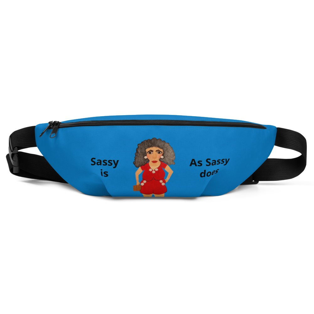Blue fanny pack with cartoon character and text on a white background