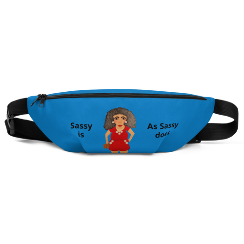 Blue fanny pack with cartoon character and text on a white background