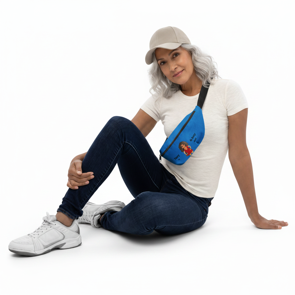 Woman sitting on the ground wearing a blue fanny pack with a cartoon character, white t-shirt, dark jeans, and white sneakers.