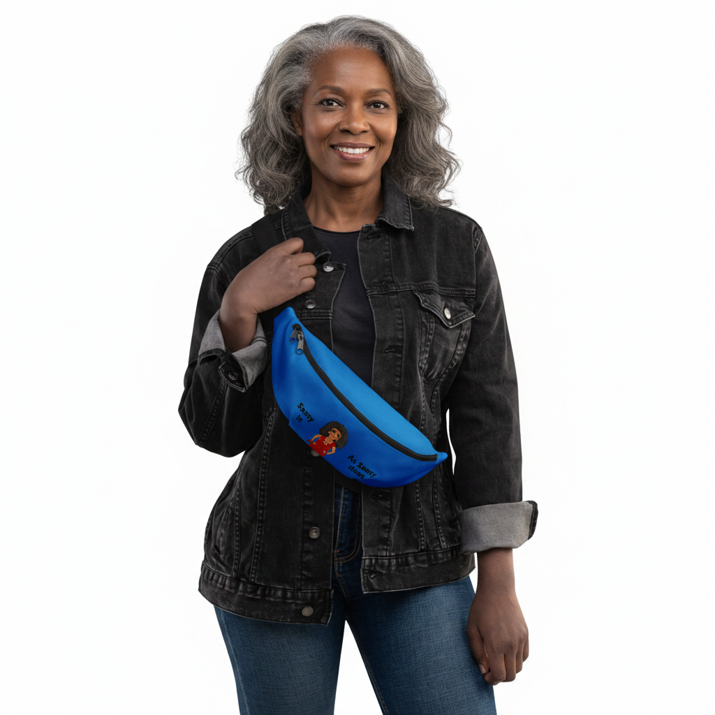 Woman wearing a blue fanny pack on a white background