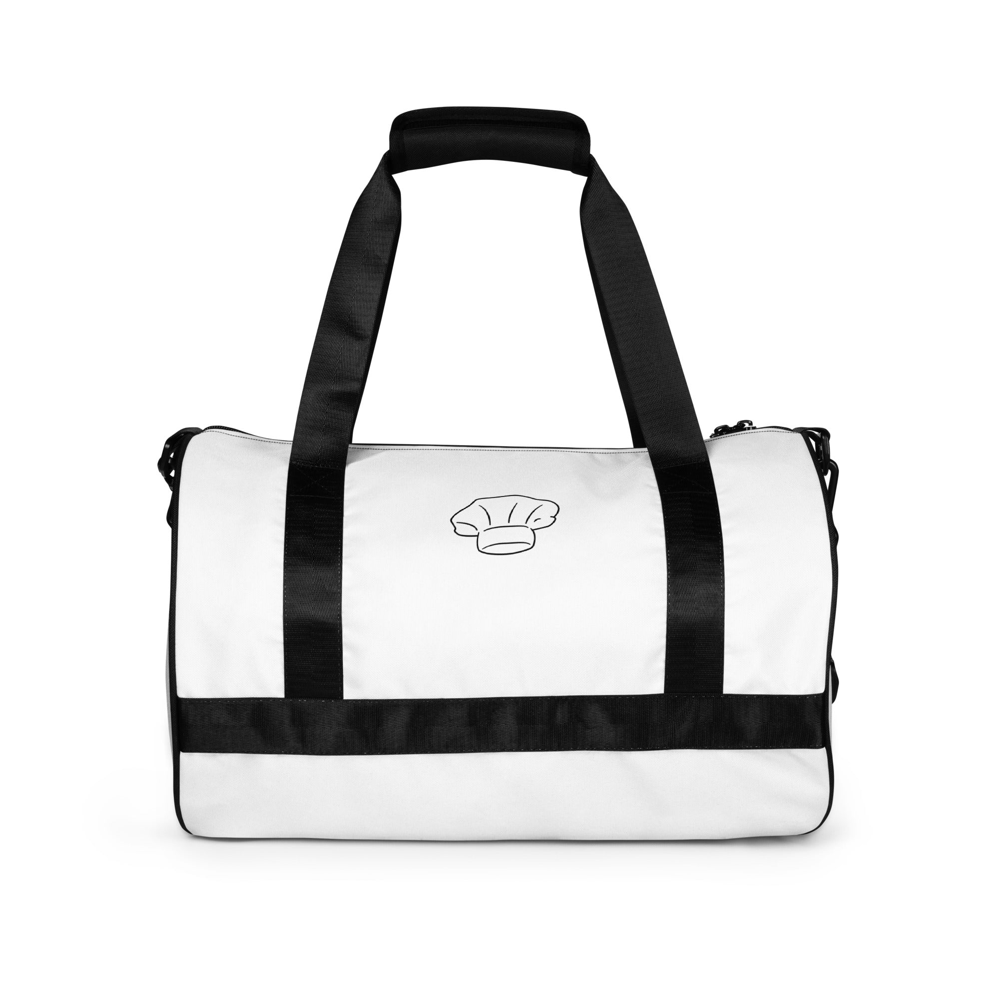 White duffel bag with black straps on a white background