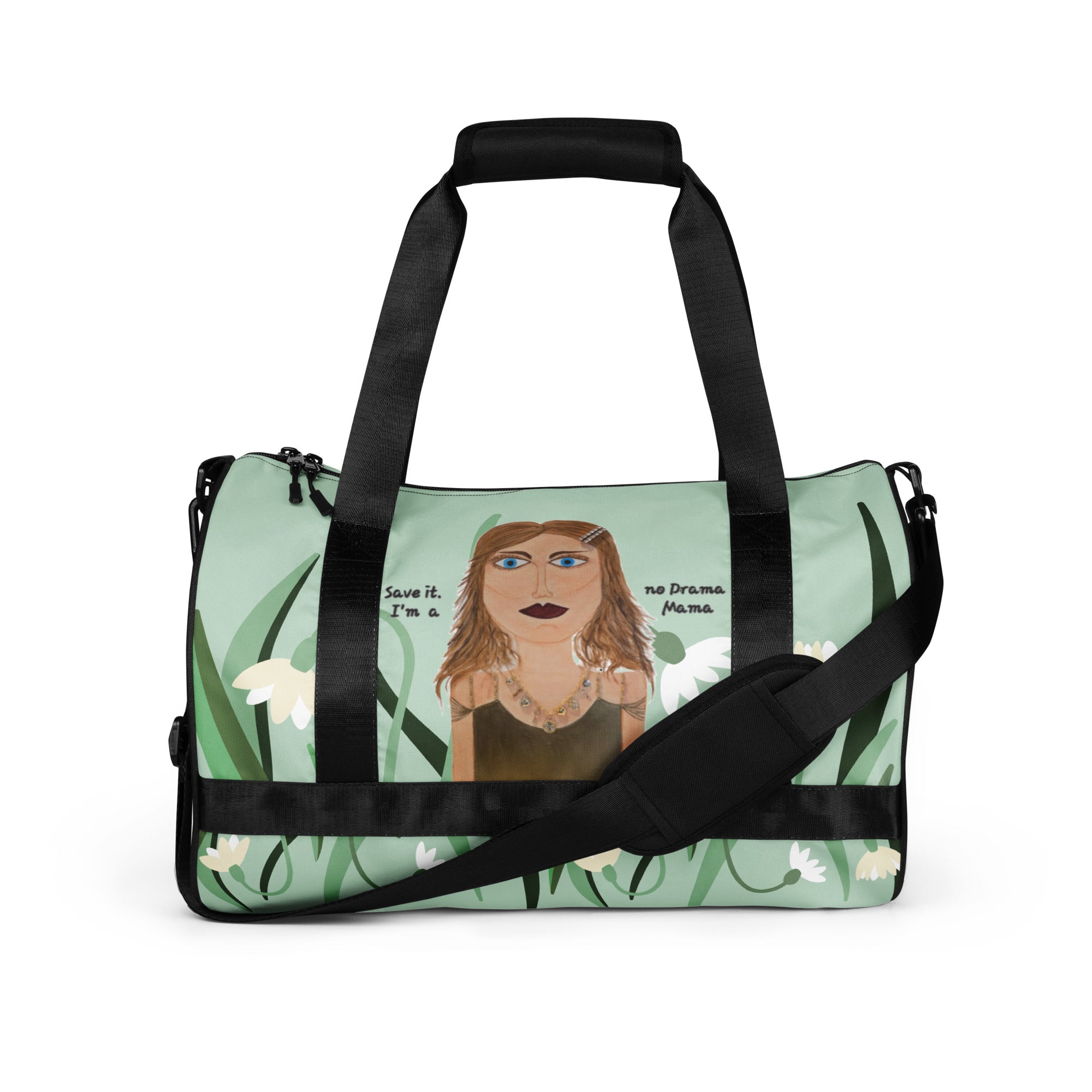 Duffel bag with a graphic design of a person and text on a light green background