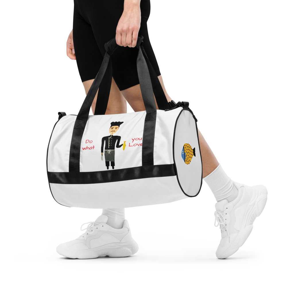 Person holding a floral duffel bag with a visible brand logo on a white background