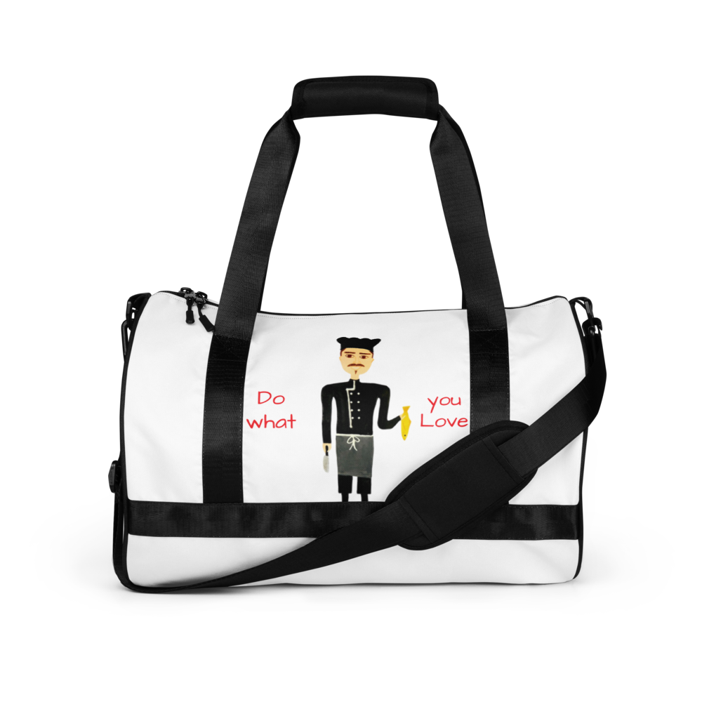 White duffel bag with black straps and 'MEINGARDT' logo on a white background