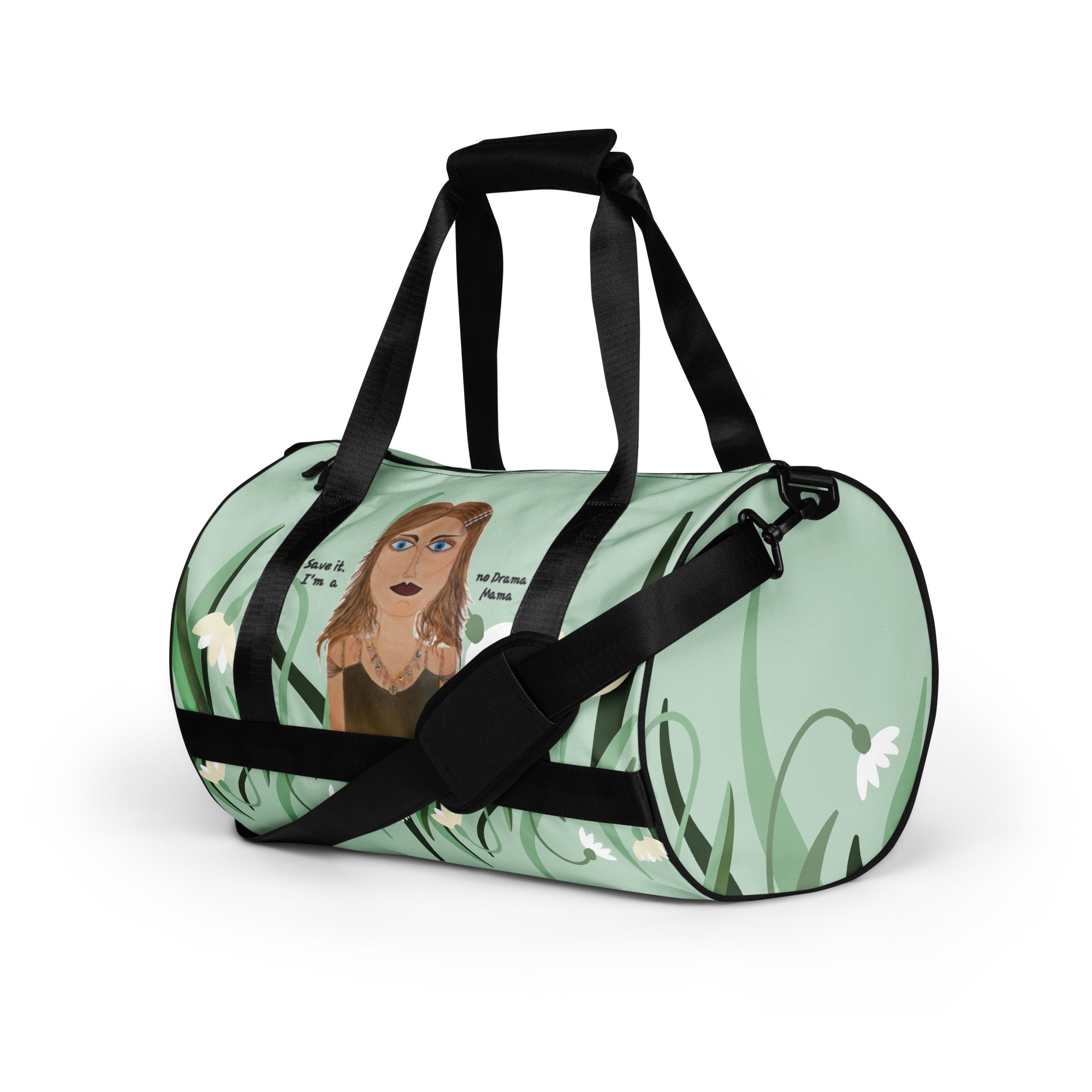 Duffle bag with a design of a woman's face and floral elements on a light green background