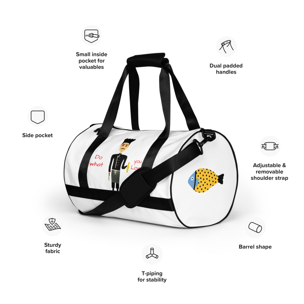 White duffel bag with black straps and colorful design, featuring text and graphics on a white background.