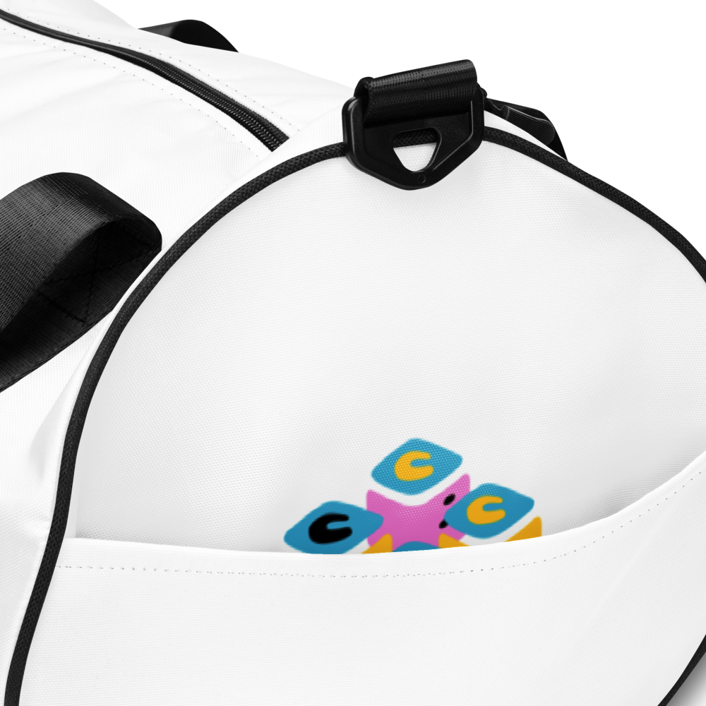 White bag with colorful logo on a white background