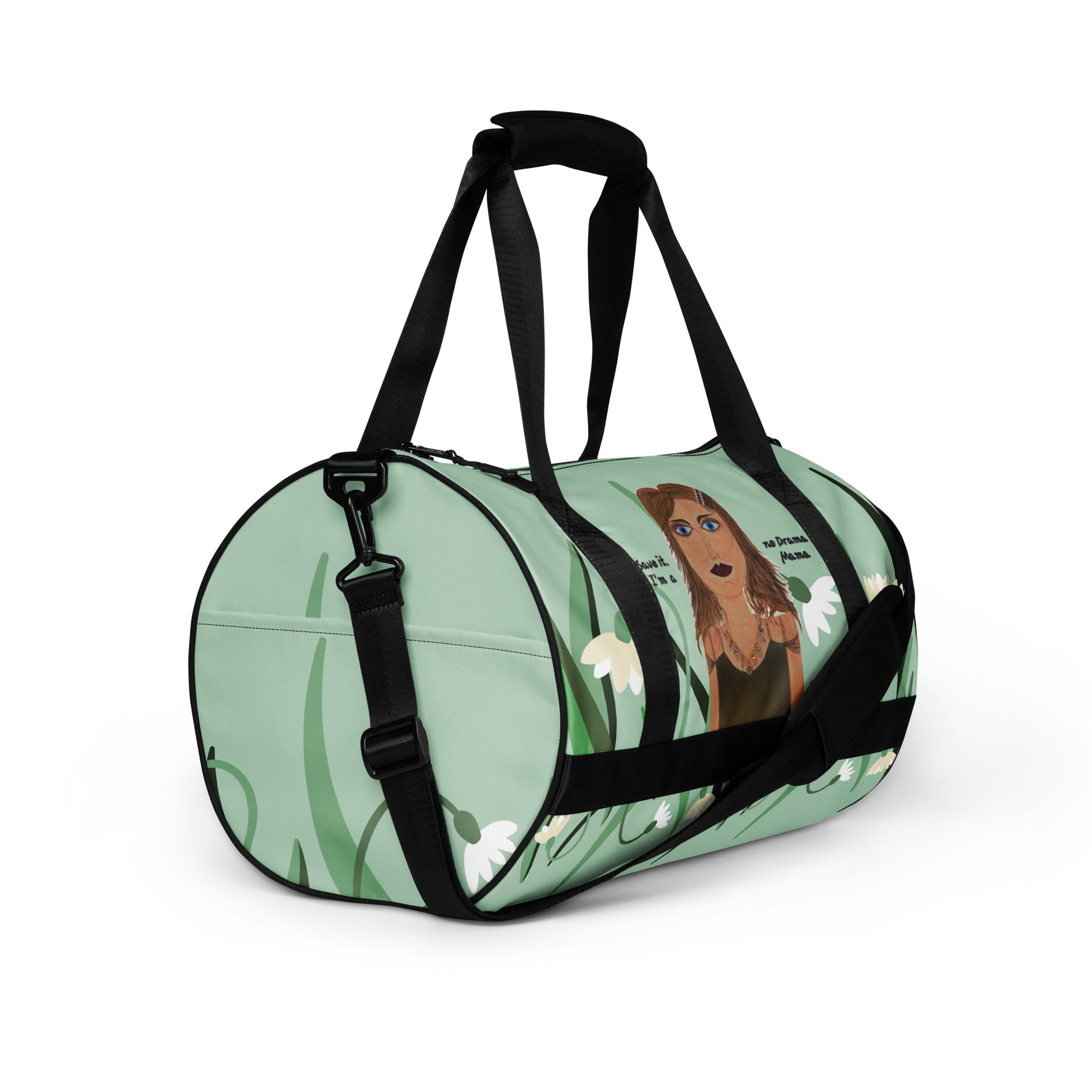Duffel bag with a character design on a light green background