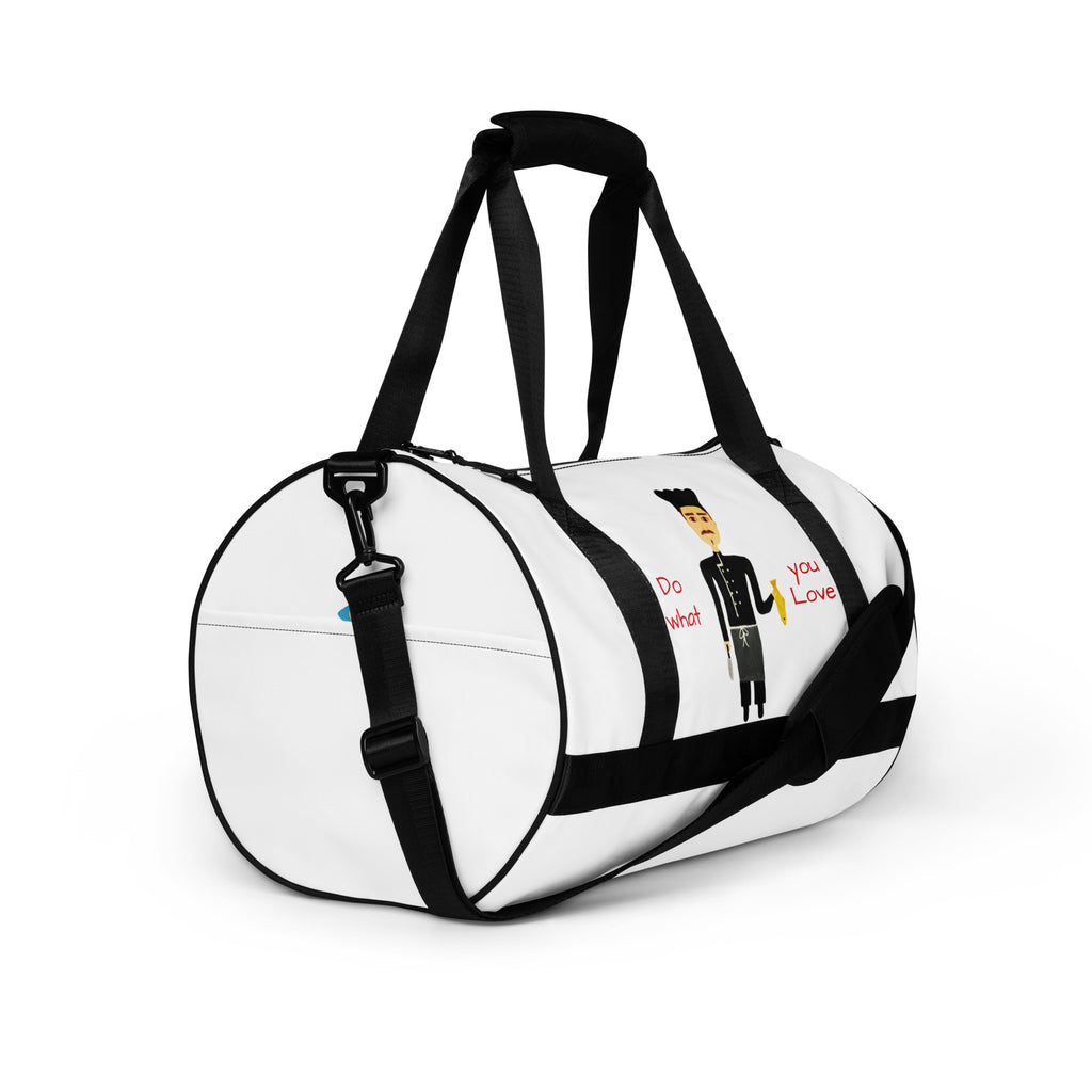 White duffel bag with black straps featuring a design of a person holding a sign with text on a white background.