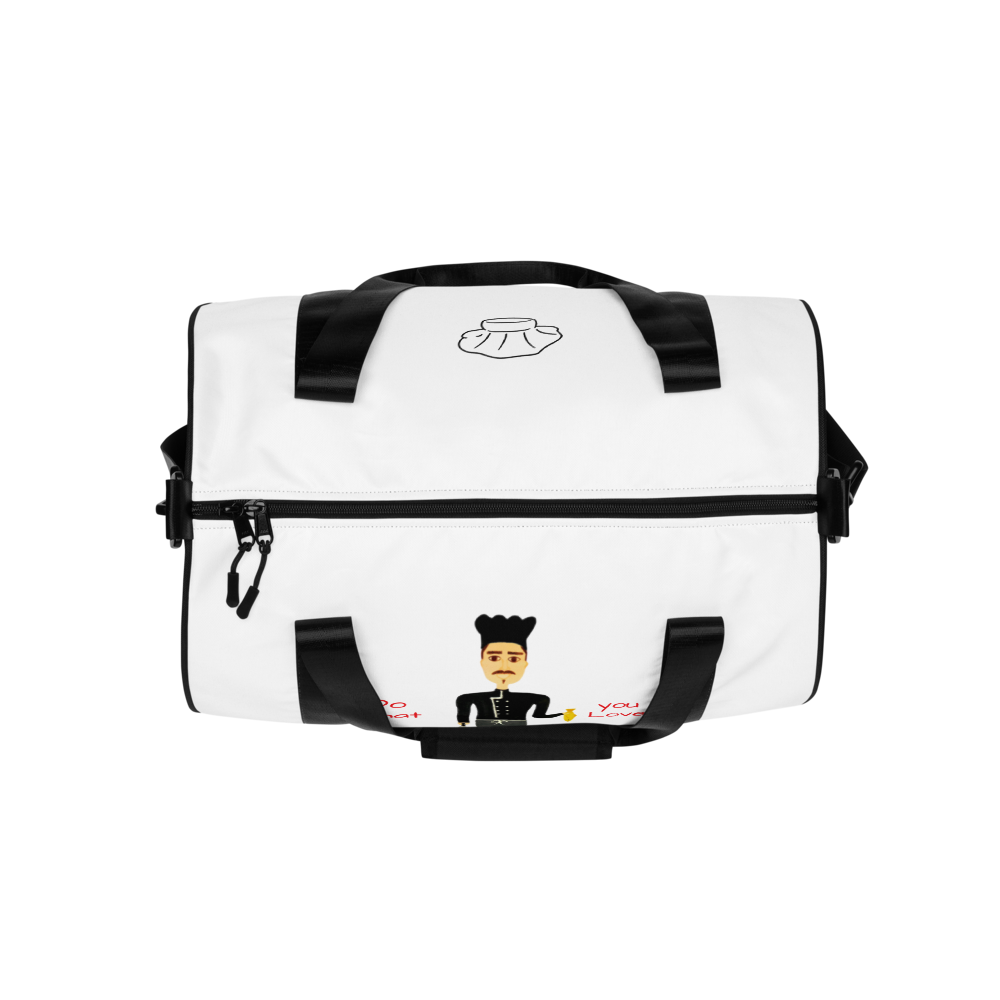 White duffel bag with black accents featuring a character design on a white background