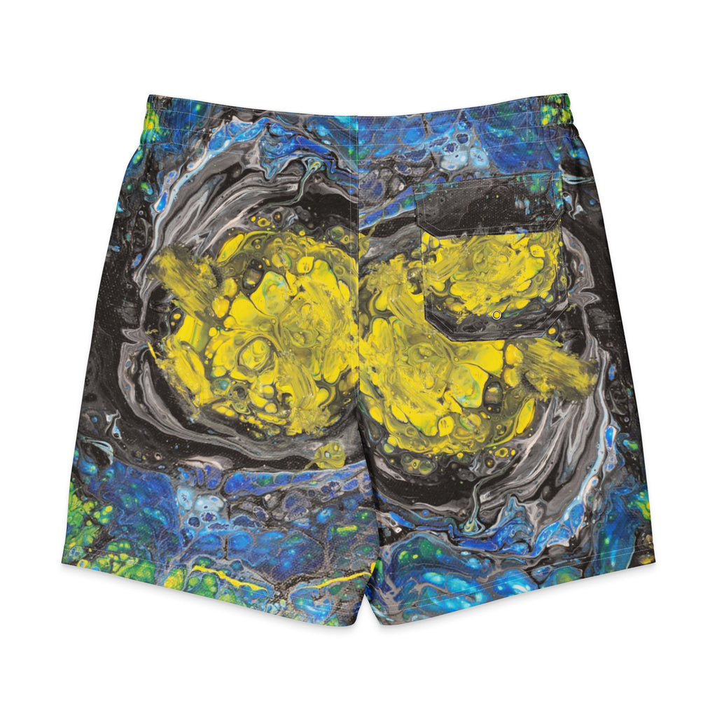 Colorful abstract-patterned shorts on a white background