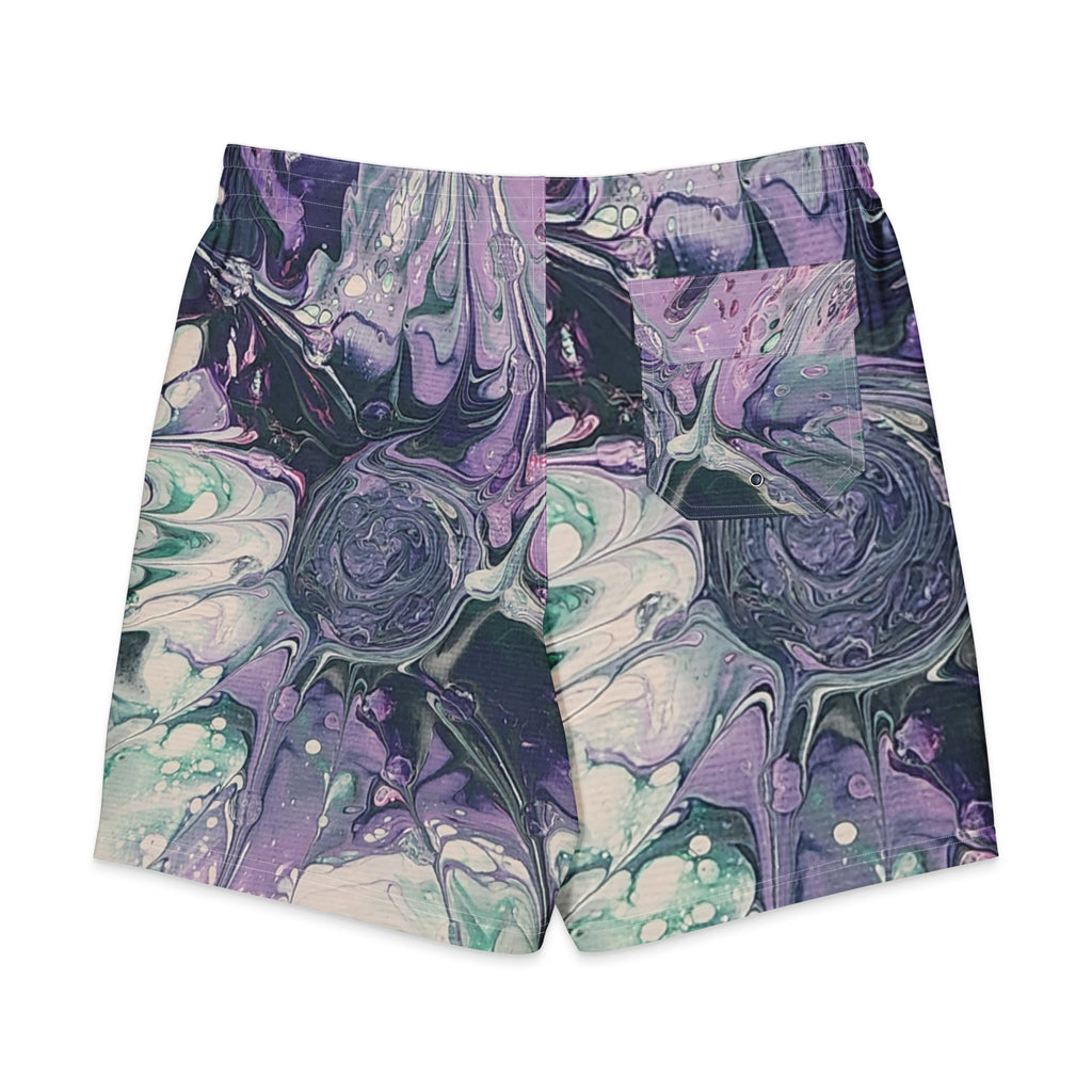 Shorts with a marbled purple and green pattern on a white background