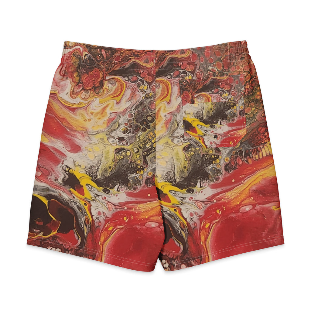 Colorful abstract patterned shorts on a white background