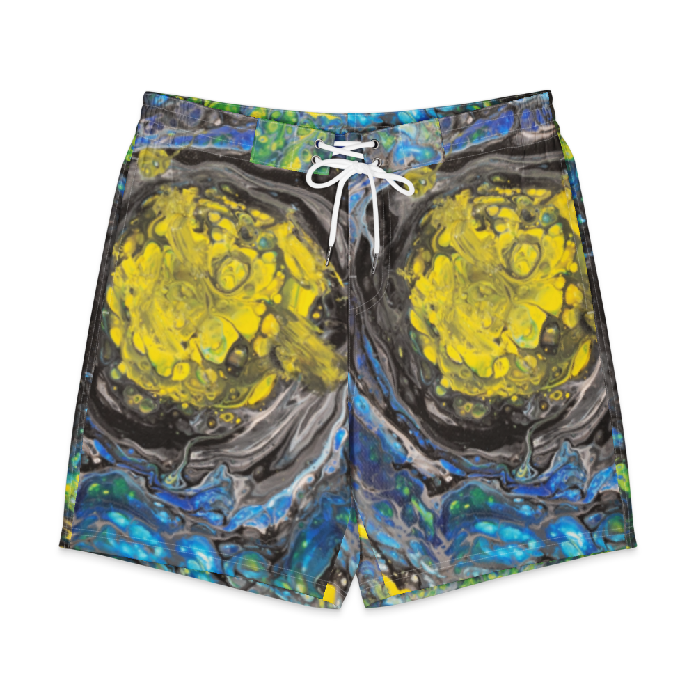 Colorful abstract-patterned shorts on a white background