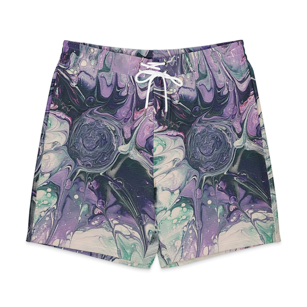 Marbled purple and green shorts on a white background