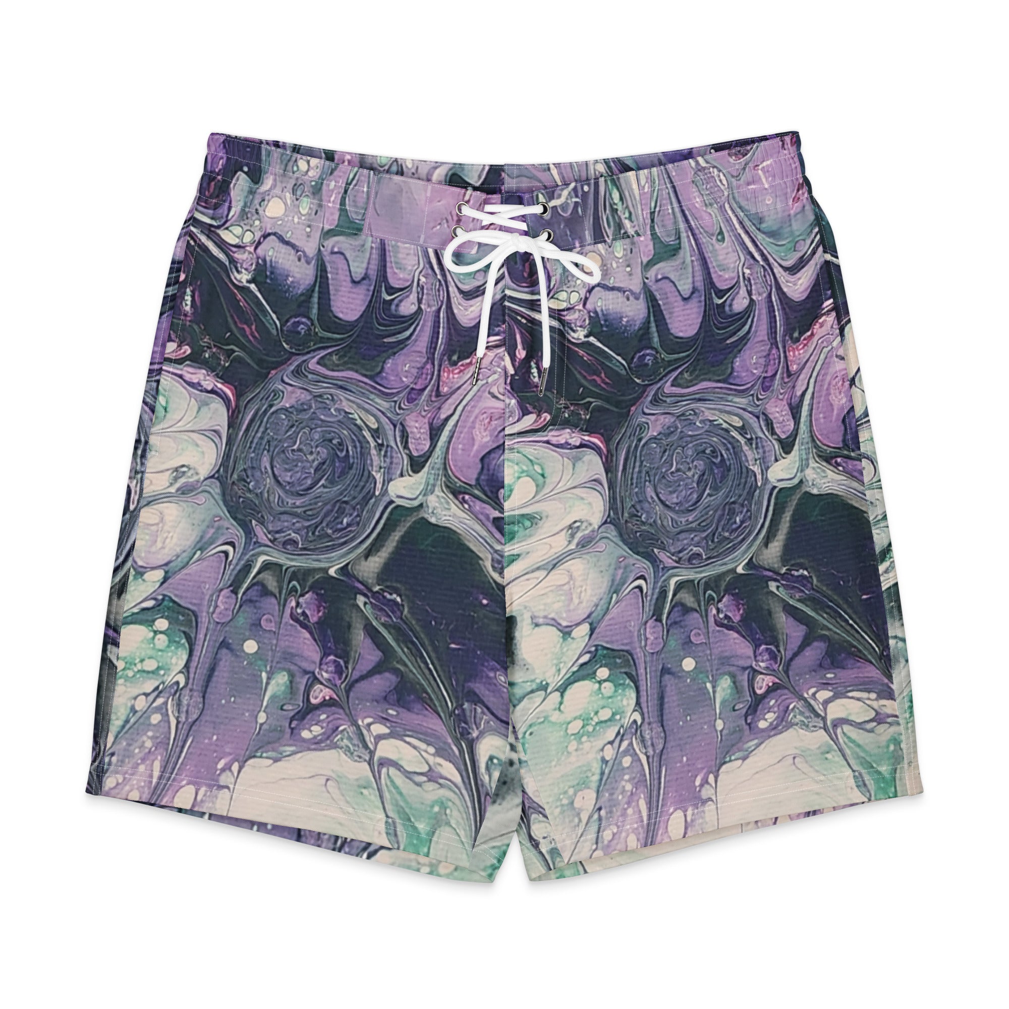 Marbled purple and green shorts on a white background