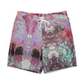 Colorful tie-dye shorts with a white drawstring on a white background
