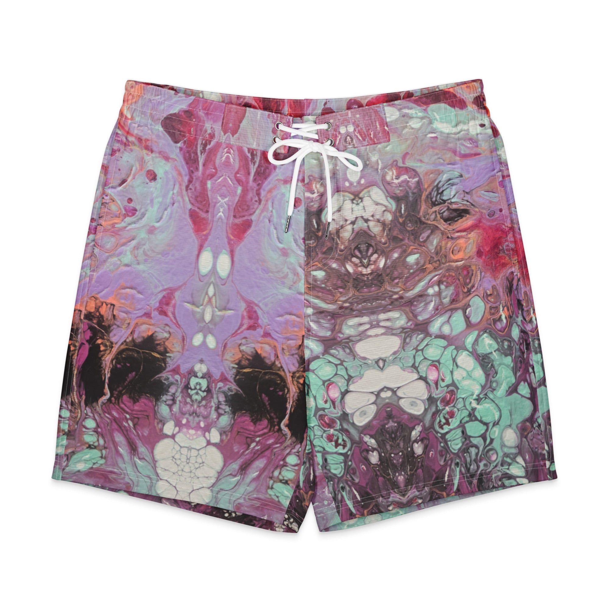 Colorful tie-dye shorts with a white drawstring on a white background