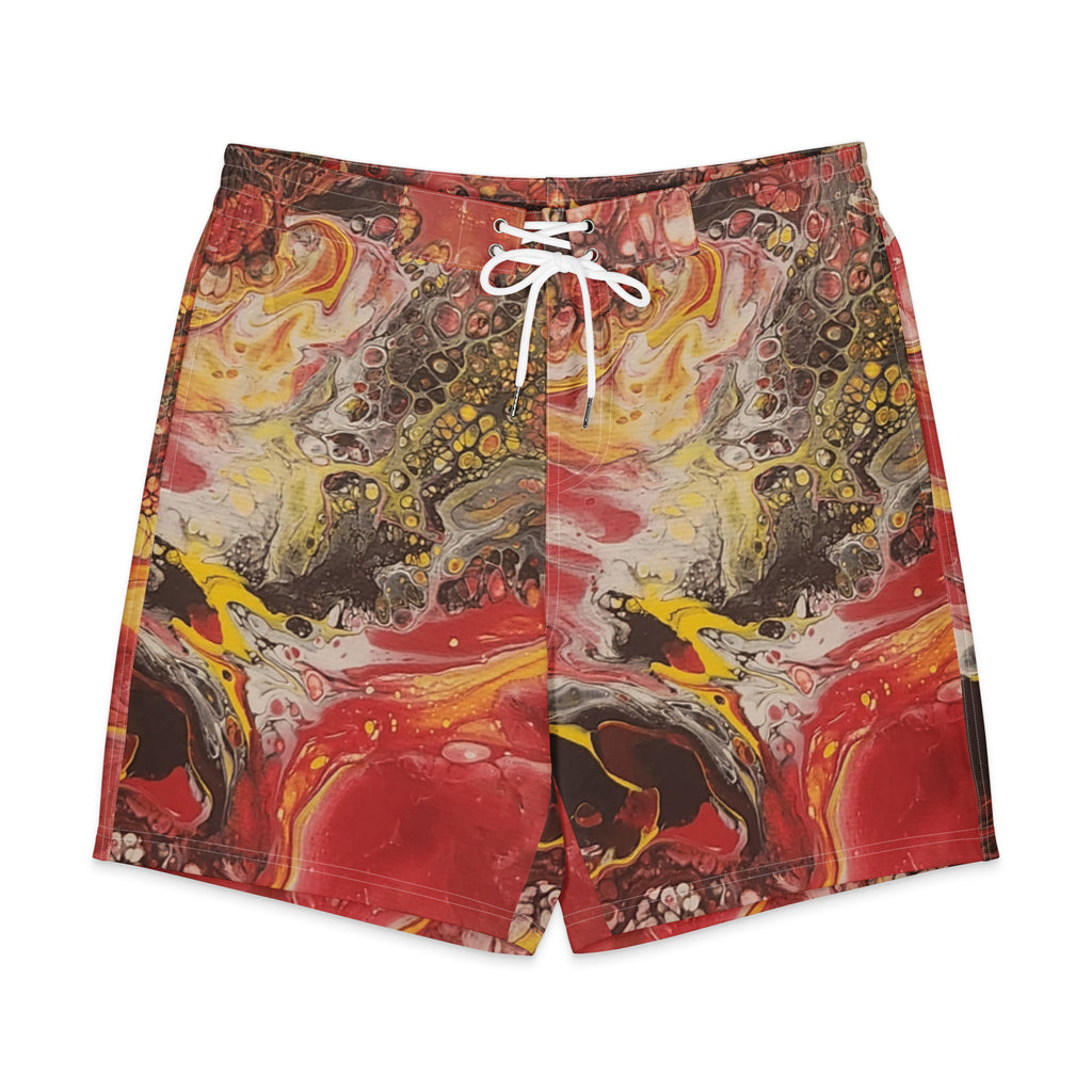 Colorful abstract-patterned shorts with a white drawstring on a white background
