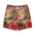 Colorful abstract-patterned shorts with a white drawstring on a white background