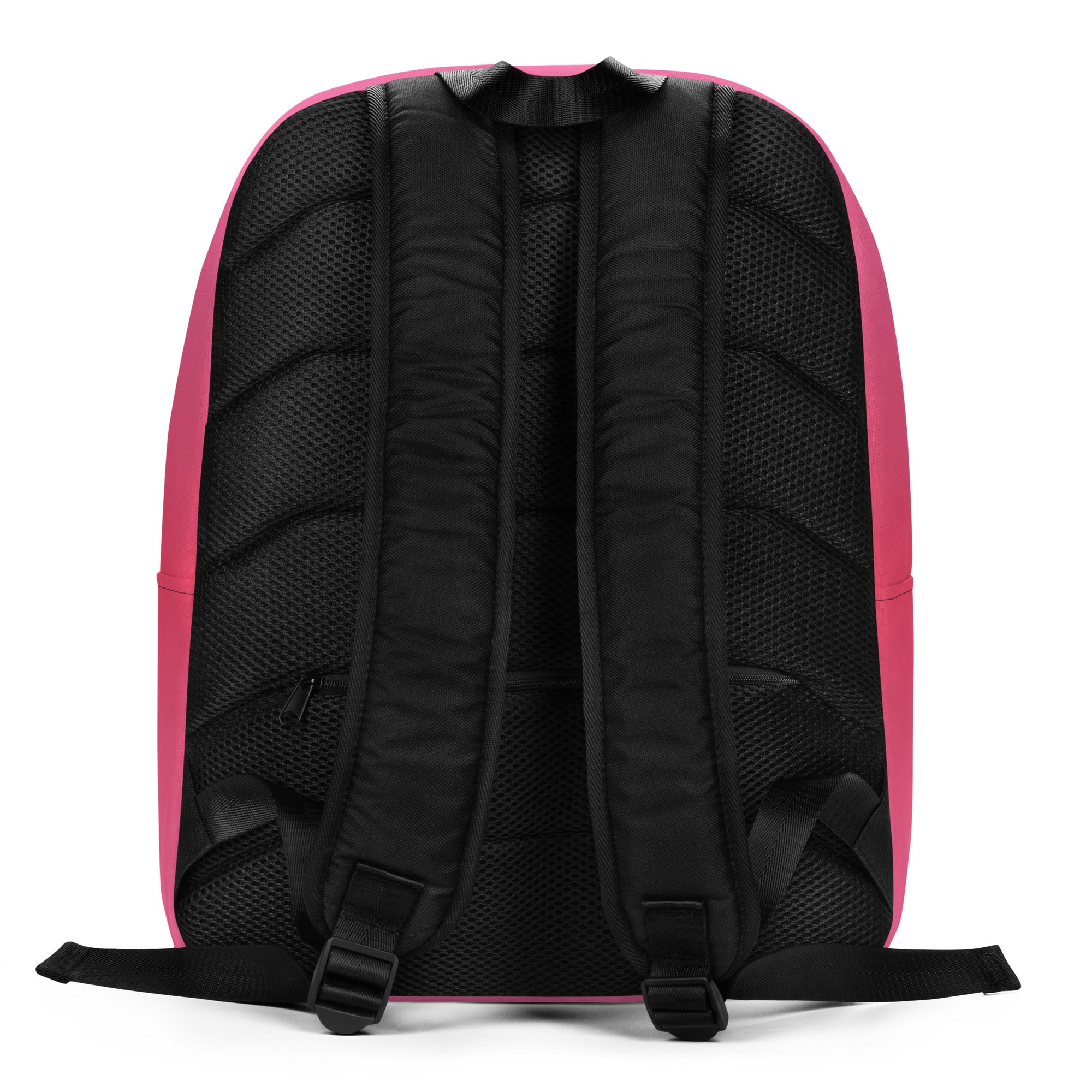 Backpack with pink exterior and black interior on a white background