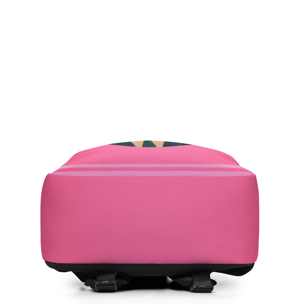 Pink suitcase with a colorful pattern on a white background