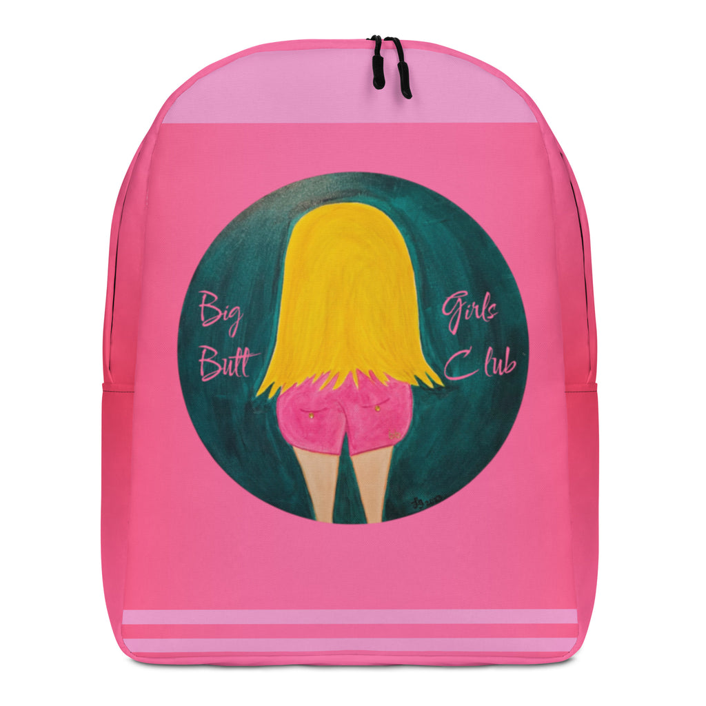 Pink backpack with a graphic of a person's back and text on a white background