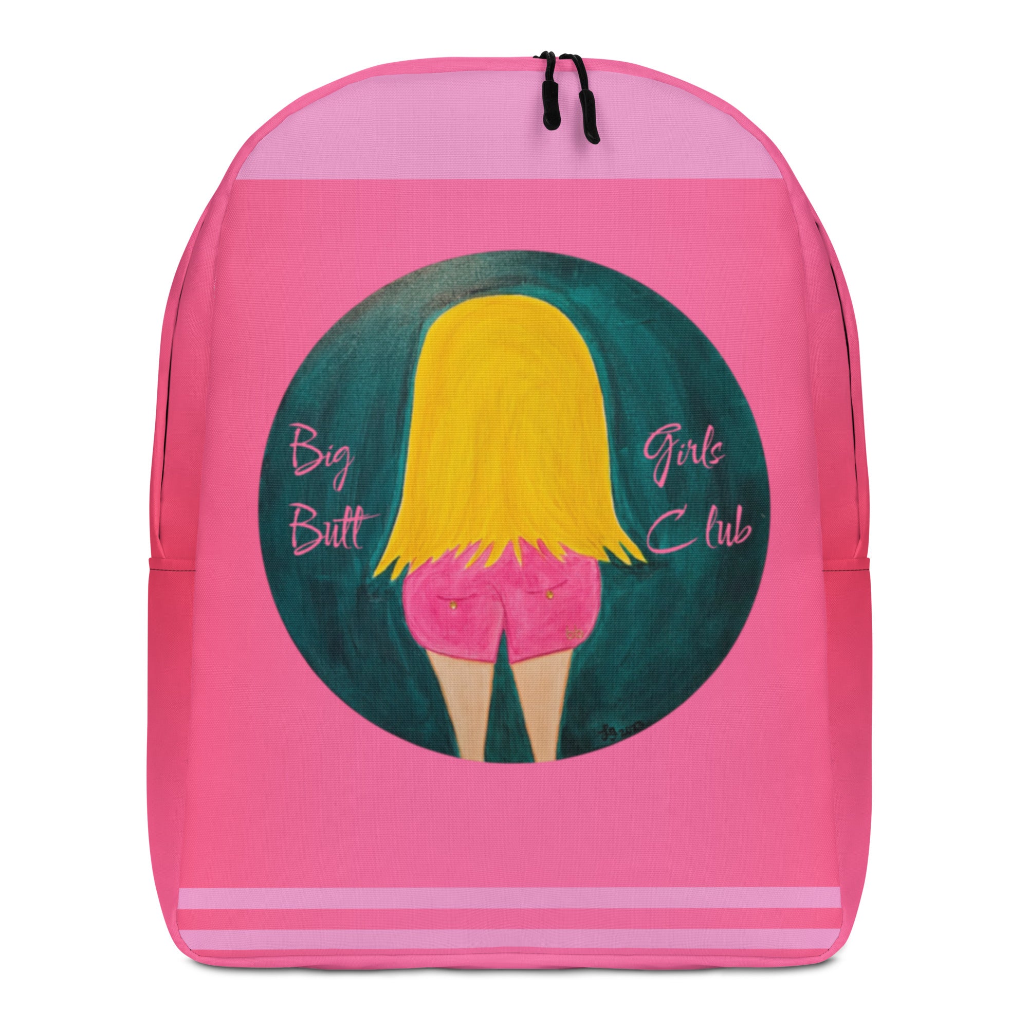 Pink backpack with a graphic of a person's back and text on a white background
