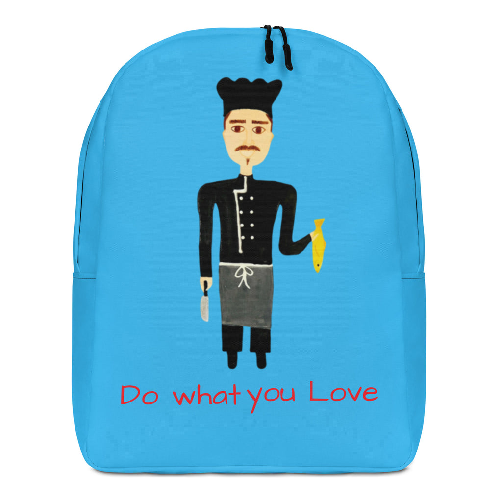 Blue backpack with a cartoon chef illustration and 'Do what you love' text on a white background