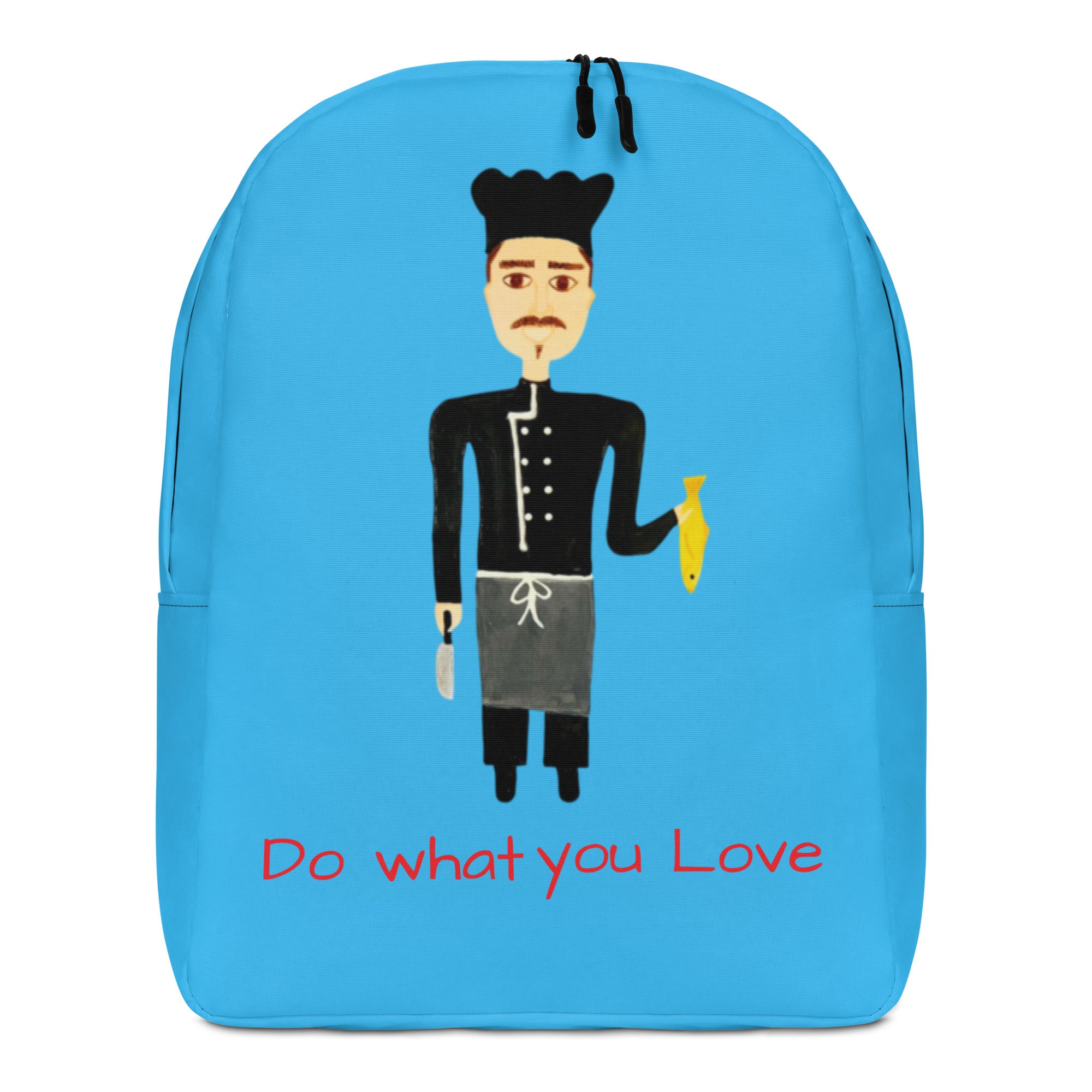 Blue backpack with a cartoon chef illustration and 'Do what you love' text on a white background