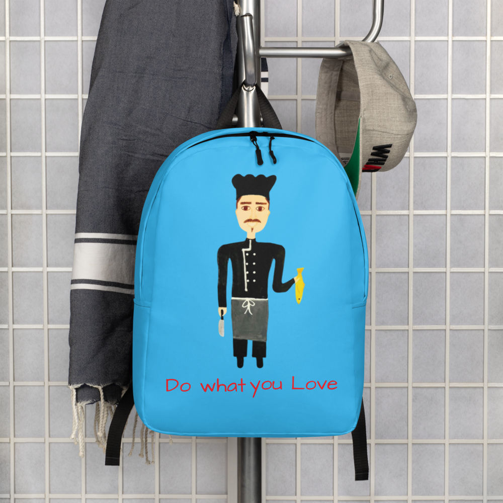 Blue backpack with a graphic design and text 'Do what you love' hanging on a rack.