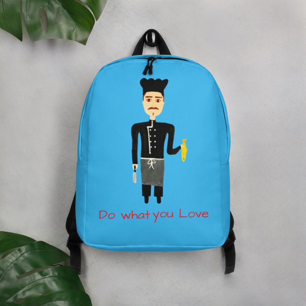 Blue backpack with a chef illustration and 'Do what you love' text on a light gray background.
