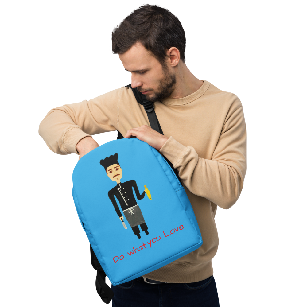 Man holding a blue backpack with a design and text on a white background