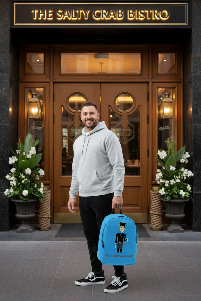 Person holding a blue backpack with a design on a white background