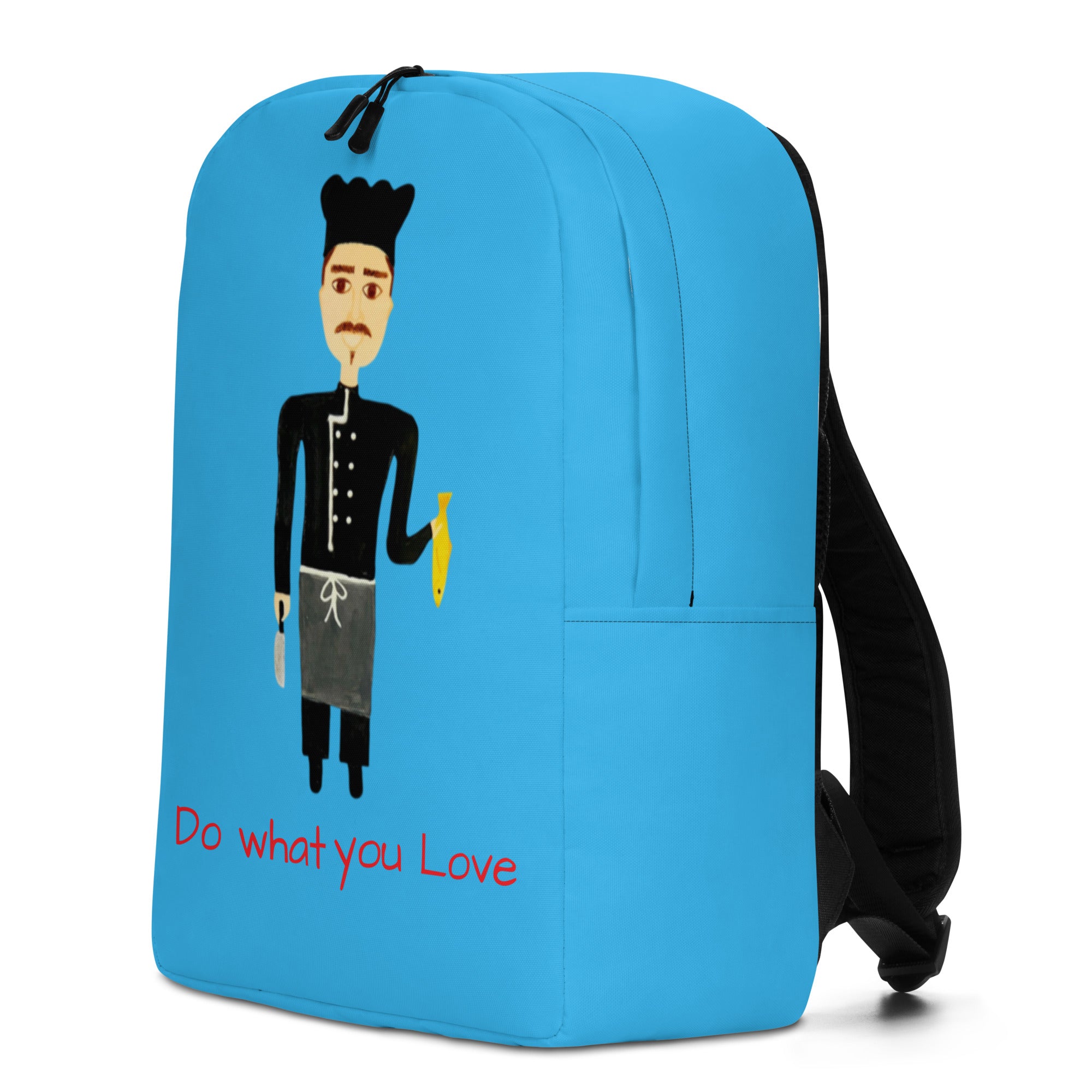 Blue backpack with a cartoon character and 'Do what you love' text on a white background