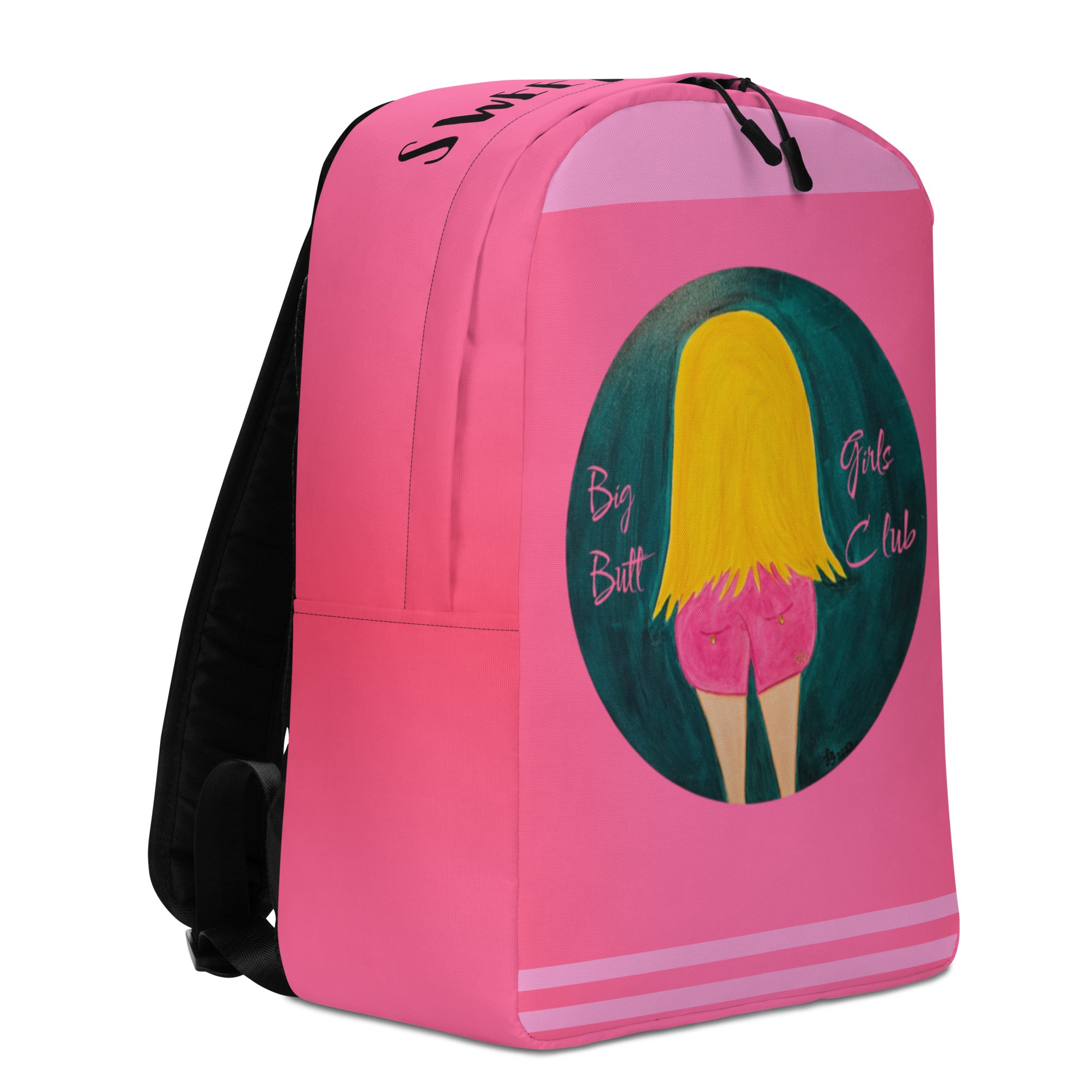 Pink backpack with a graphic design of a woman's silhouette and text on a white background