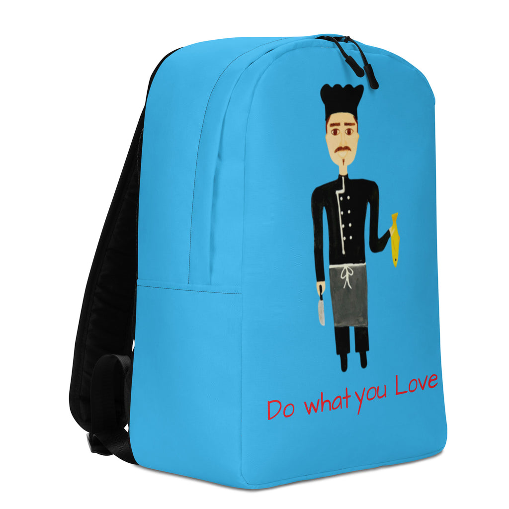 Blue backpack with a cartoon character and text 'Do what you love' on a white background