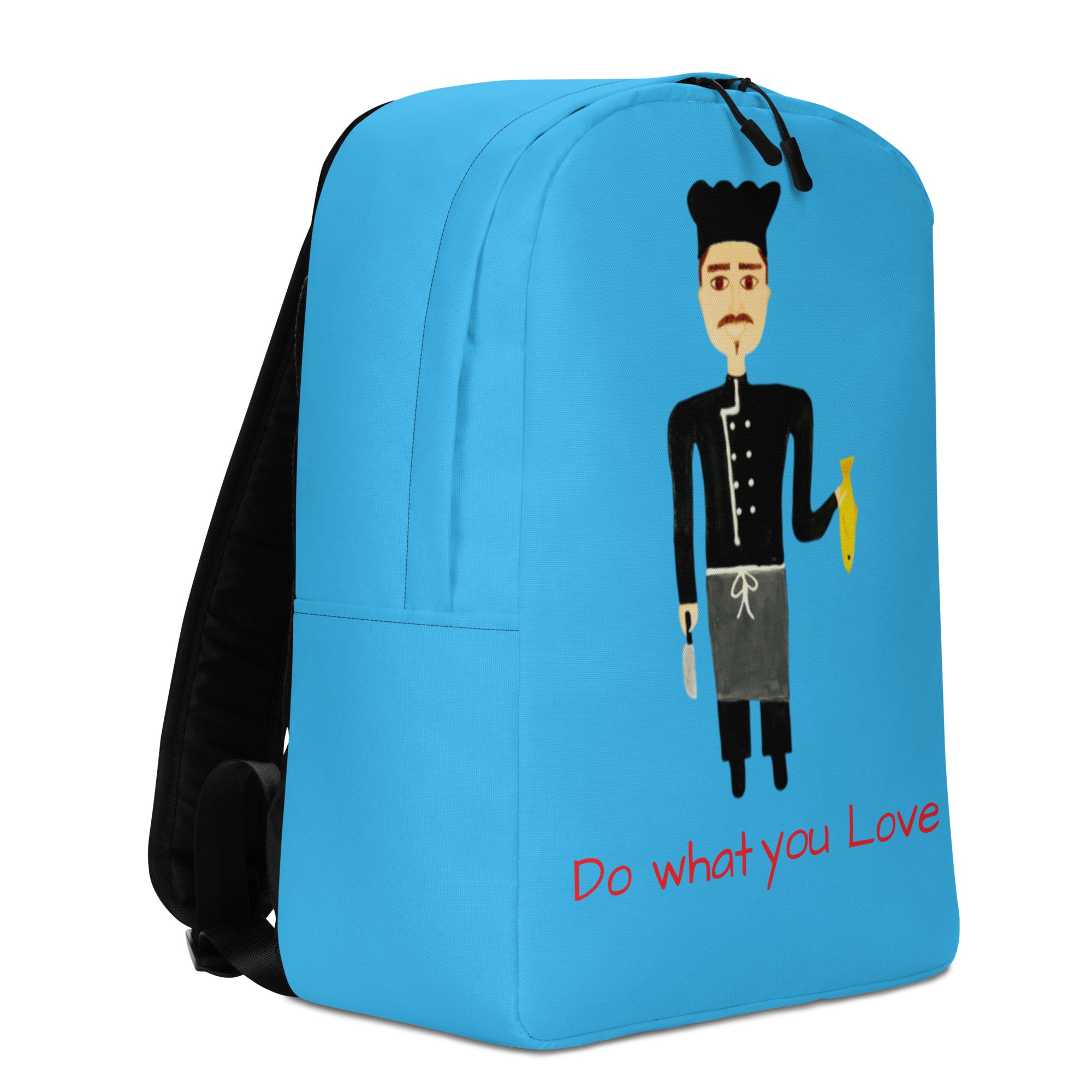 Blue backpack with a cartoon character and text 'Do what you love' on a white background
