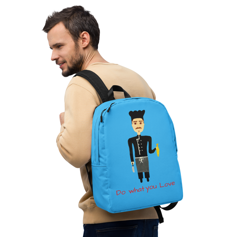 Man wearing a blue backpack with a cartoon character and text on a white background