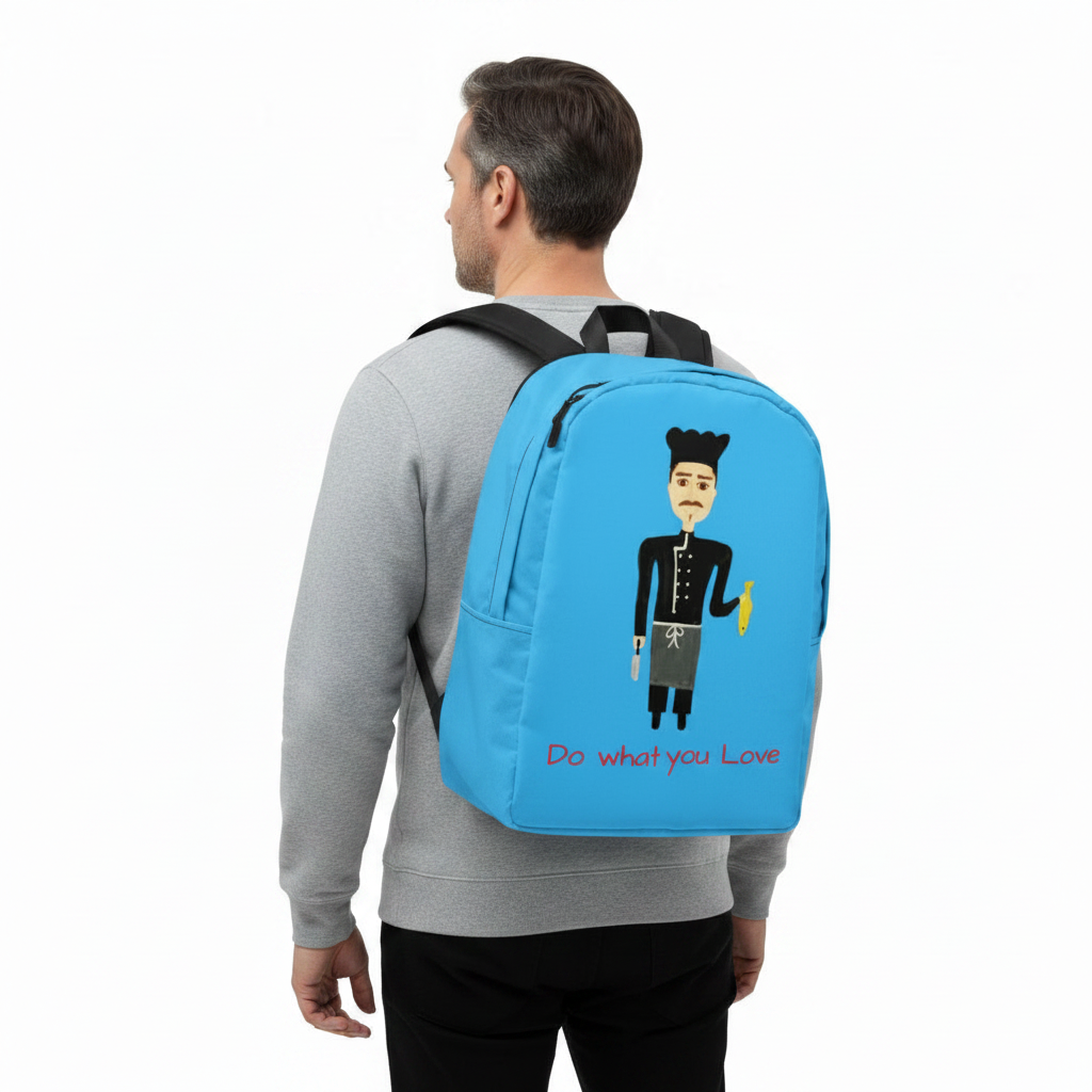 Person wearing a blue backpack with an illustration and text on a white background