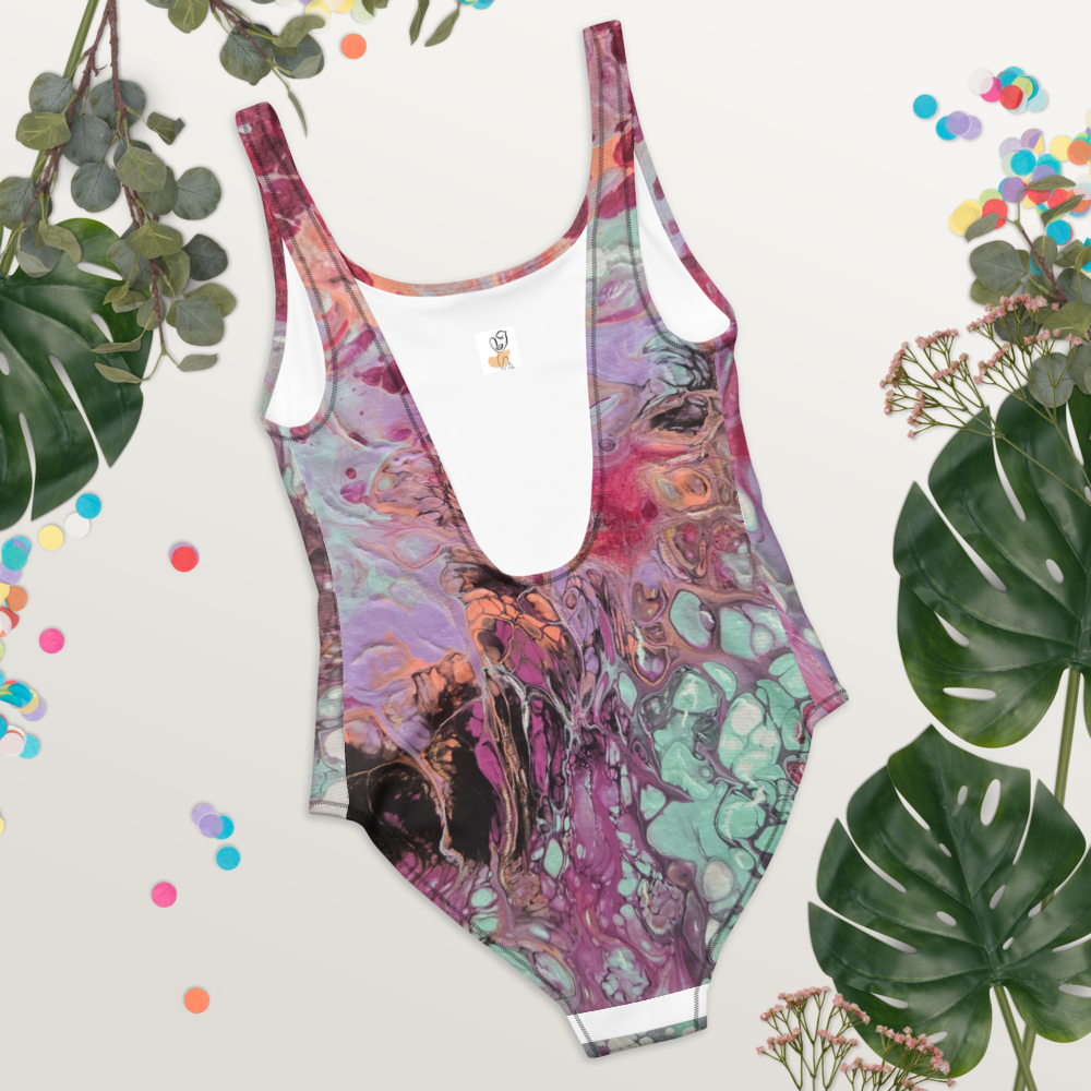Colorful one-piece swimsuit with abstract design on a light background with decorative elements.