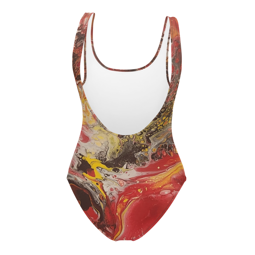 Colorful one-piece swimsuit with abstract design on a white background