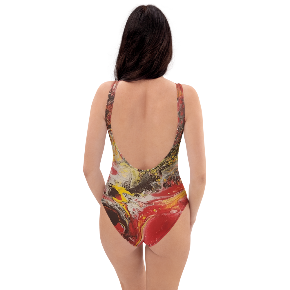 Woman wearing a colorful one-piece swimsuit on a white background